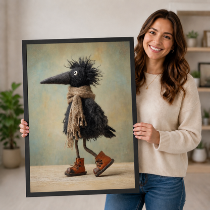 Whimsical Crow Scarf Boots Canvas Wall Art