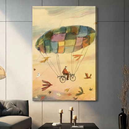 Man Cycling Patchwork Parachute Whimsical Canvas Art
