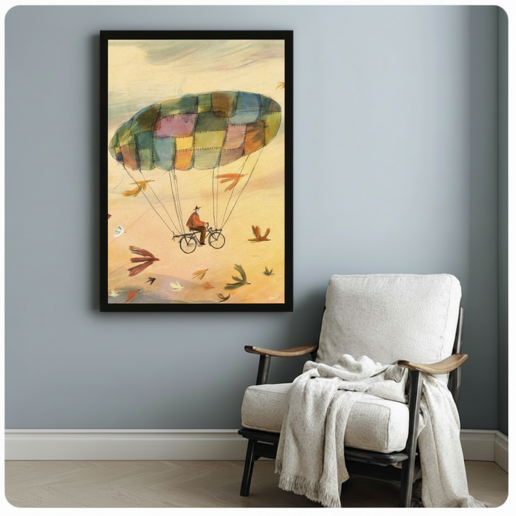 Man Cycling Patchwork Parachute Whimsical Canvas Art