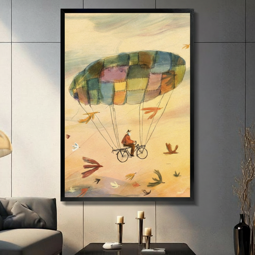 Man Cycling Patchwork Parachute Whimsical Canvas Art