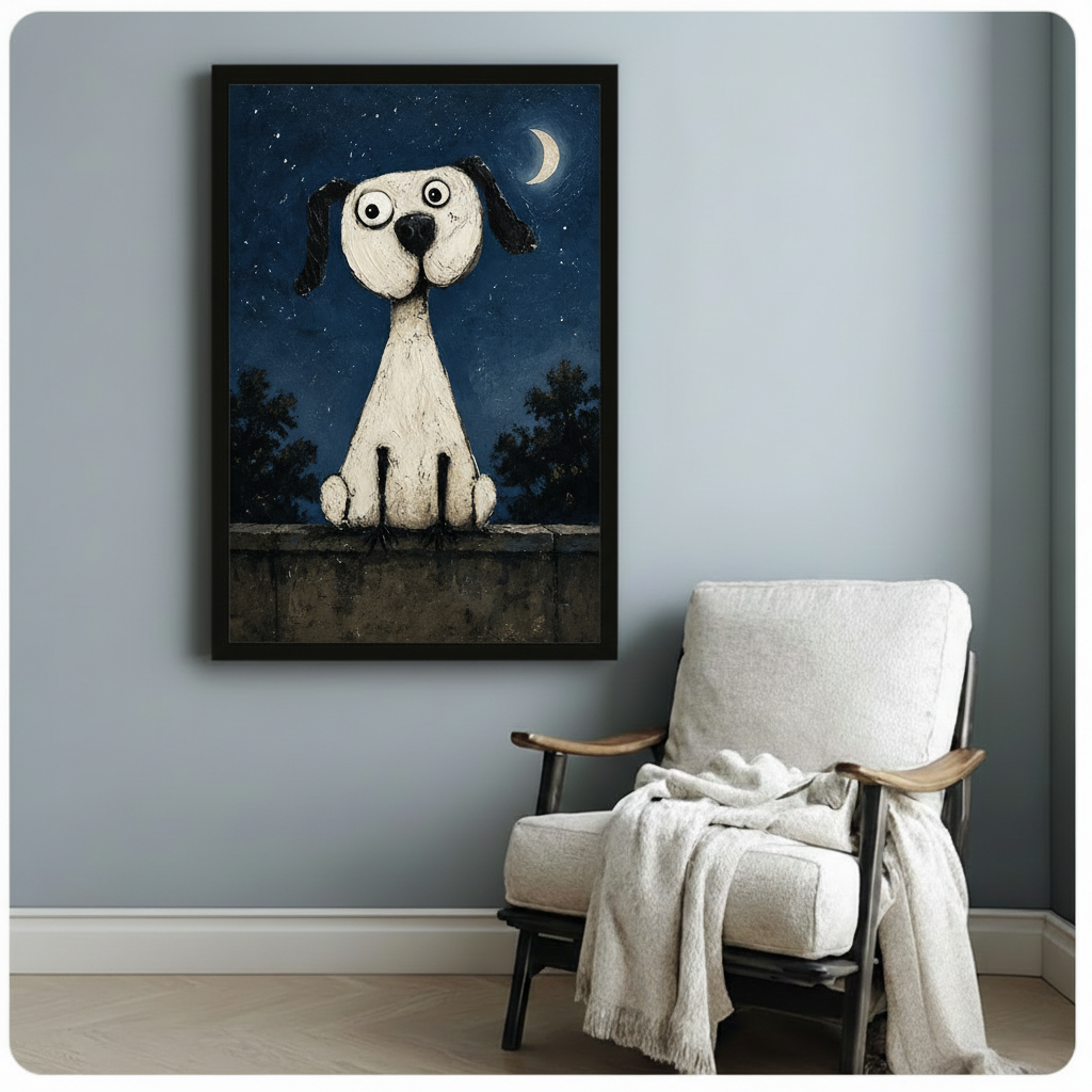 Whimsical Dog Night Sky Framed Canvas Art Wall Art