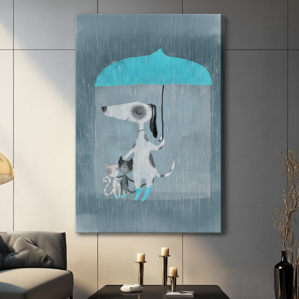 Dog Umbrella Rain Cats Cozy Canvas Wall Art