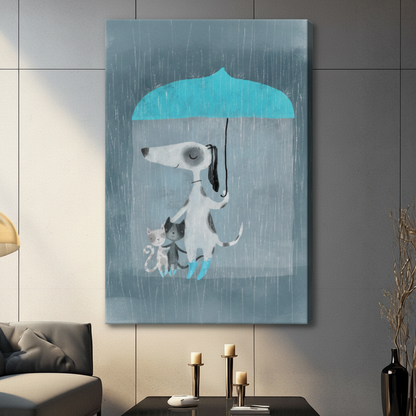 Dog Umbrella Rain Cats Cozy Canvas Wall Art
