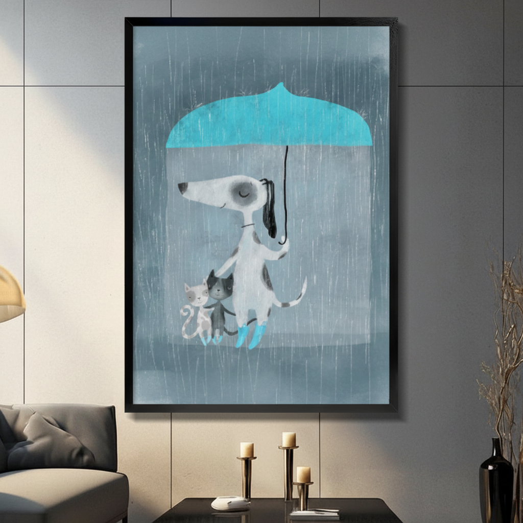 Dog Umbrella Rain Cats Cozy Canvas Wall Art