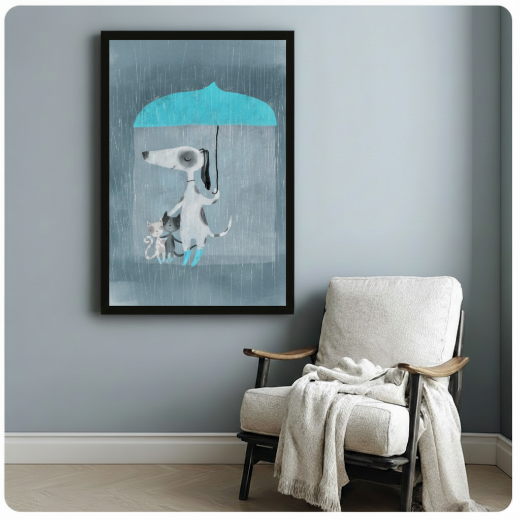 Dog Umbrella Rain Cats Cozy Canvas Wall Art