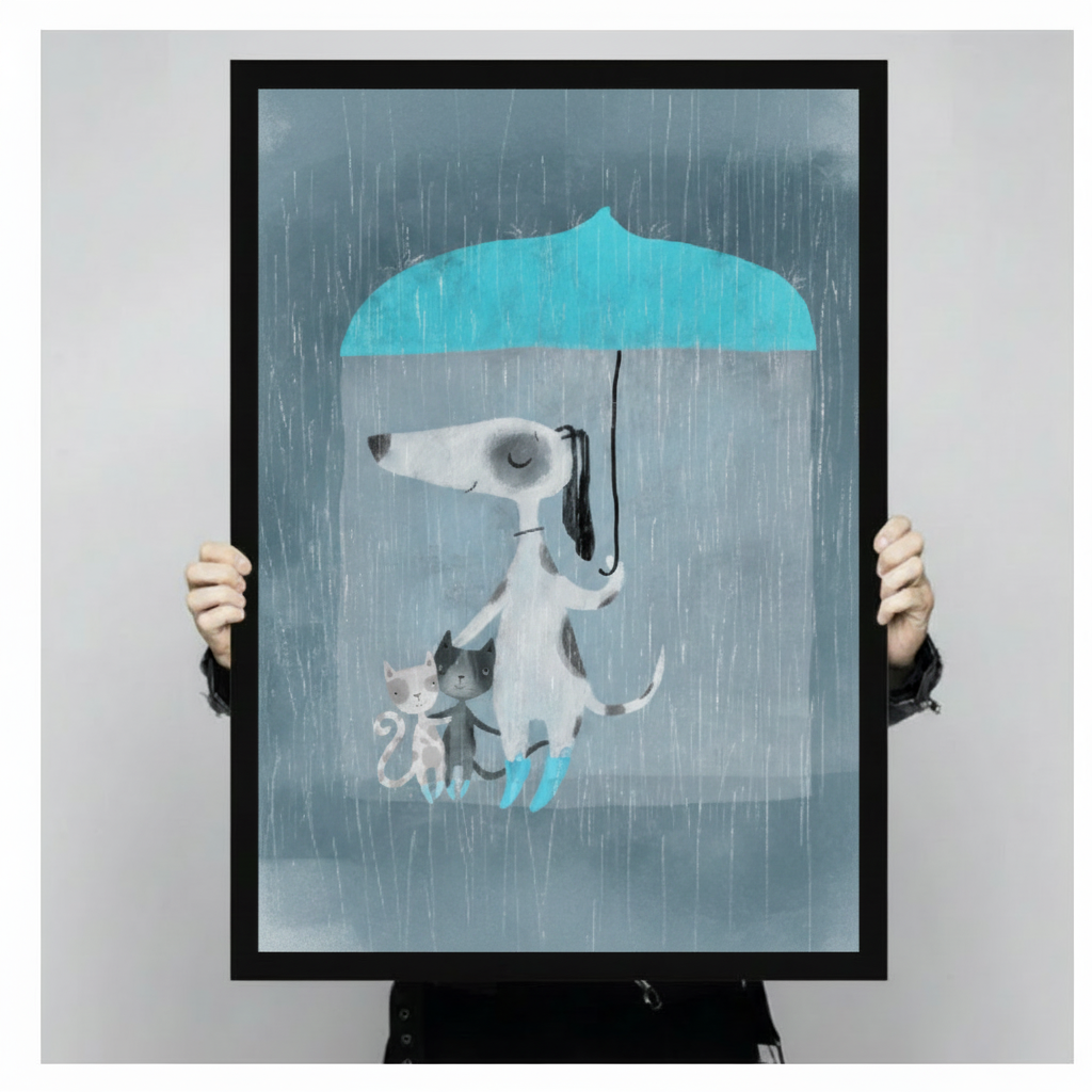 Dog Umbrella Rain Cats Cozy Canvas Wall Art