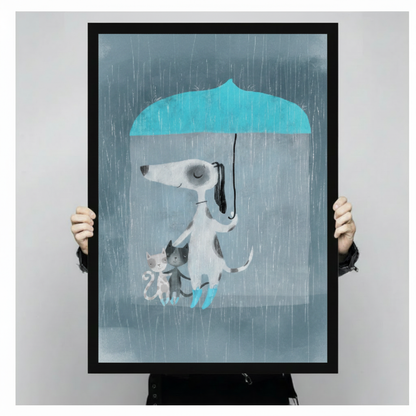 Dog Umbrella Rain Cats Cozy Canvas Wall Art