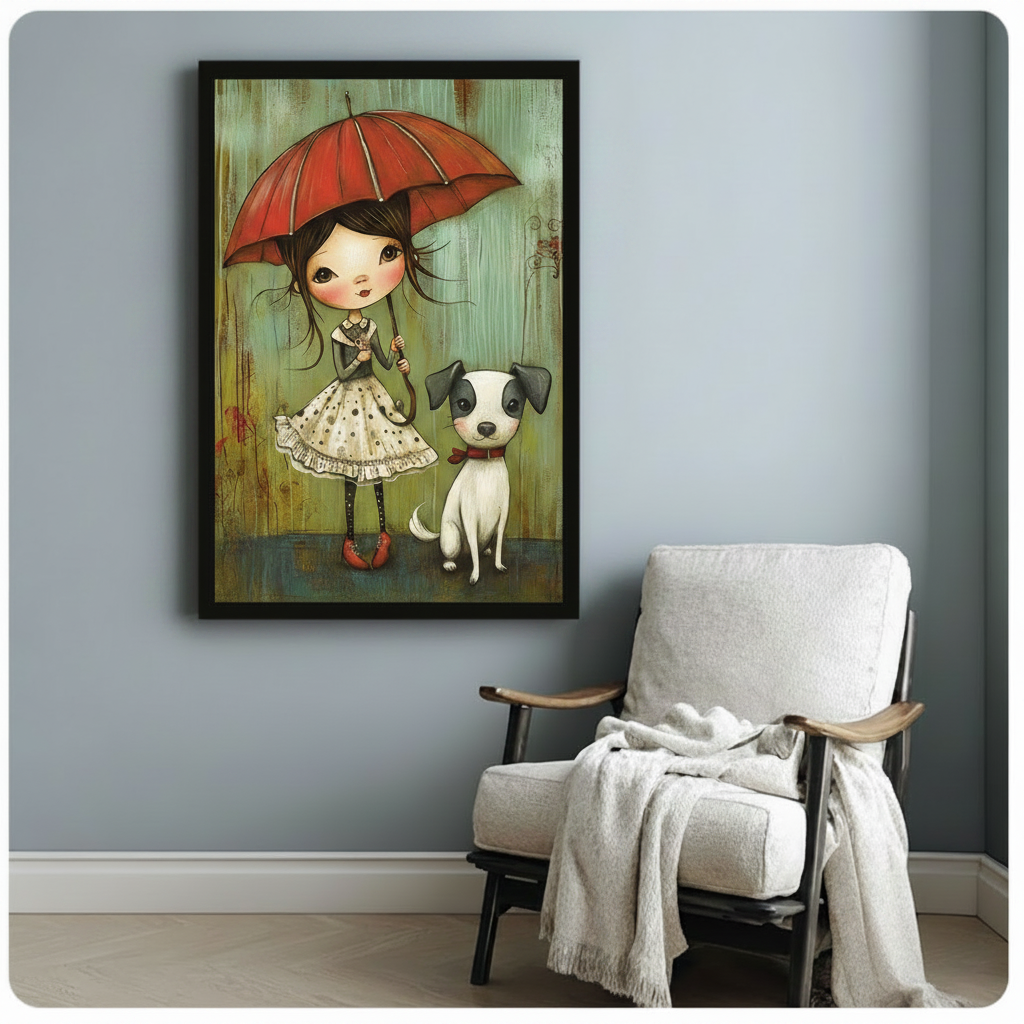 Whimsical Girl Red Umbrella Dog Canvas Art Wall Art