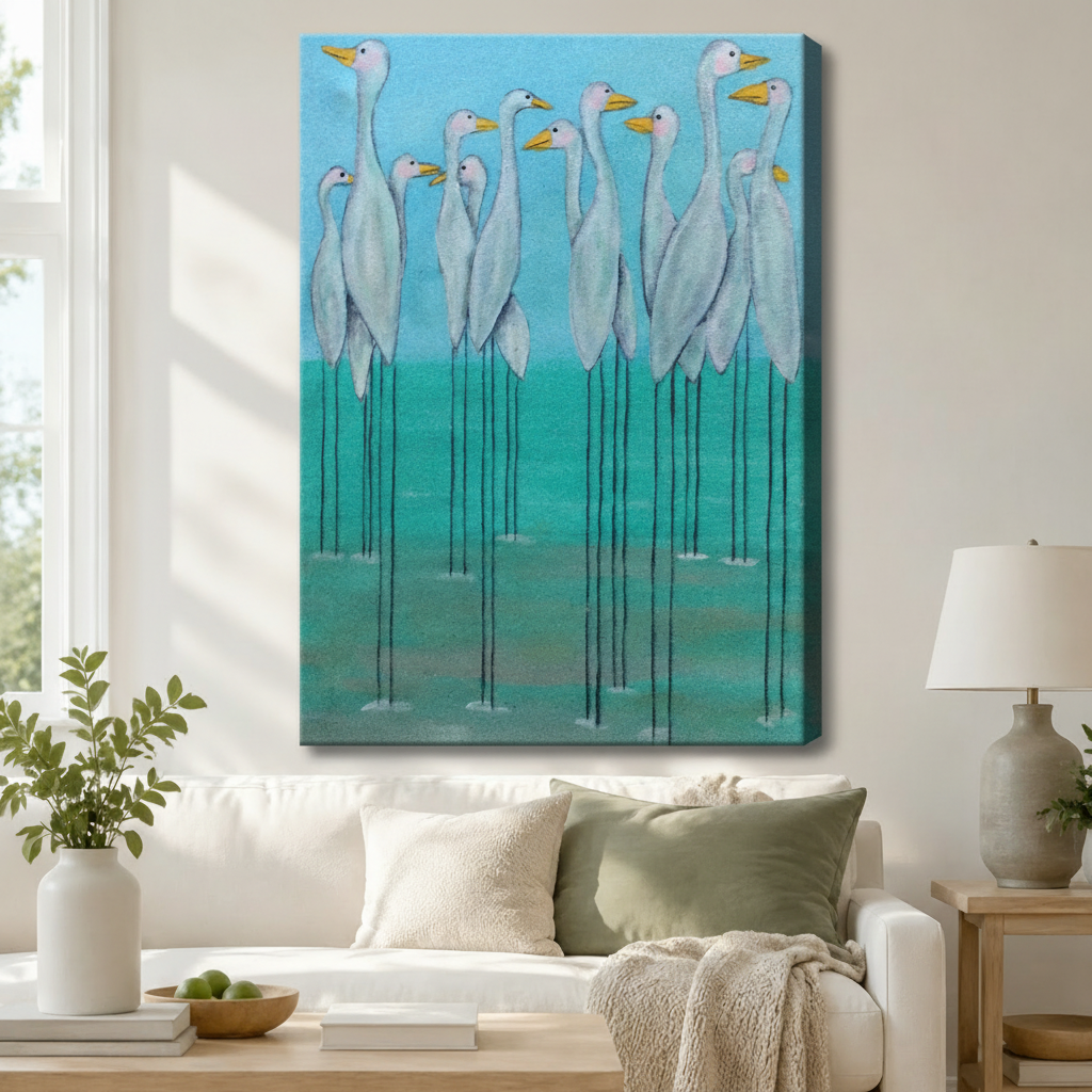 White Egrets Teal Water Oil Painting Canvas Art