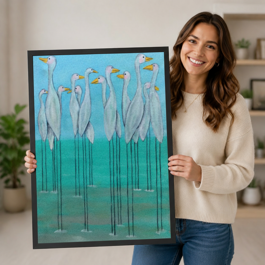 White Egrets Teal Water Oil Painting Canvas Art