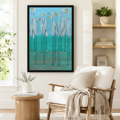 White Egrets Teal Water Oil Painting Canvas Art