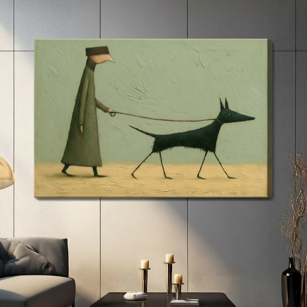 Gothic Dog Walk Surreal Illustration Canvas Wall Art