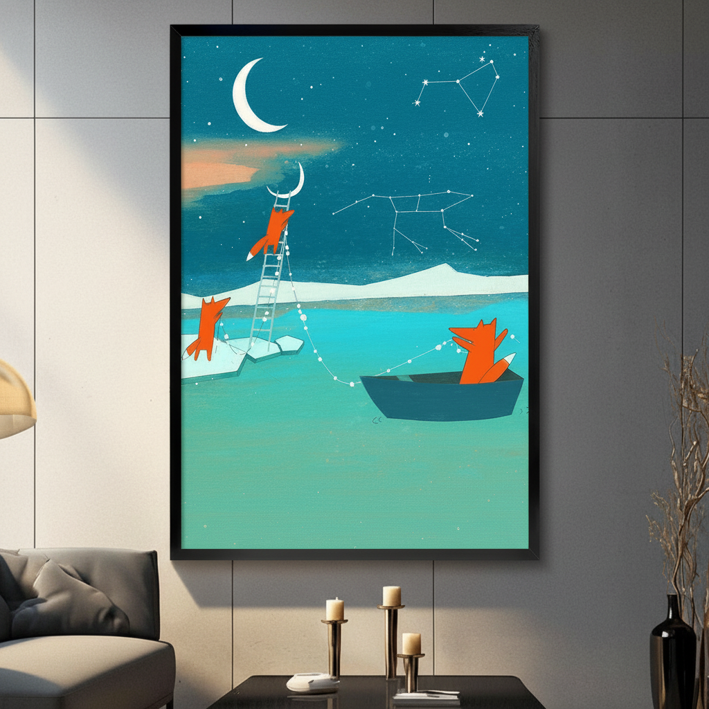 Whimsical Fox Constellation Night Sky Canvas Art