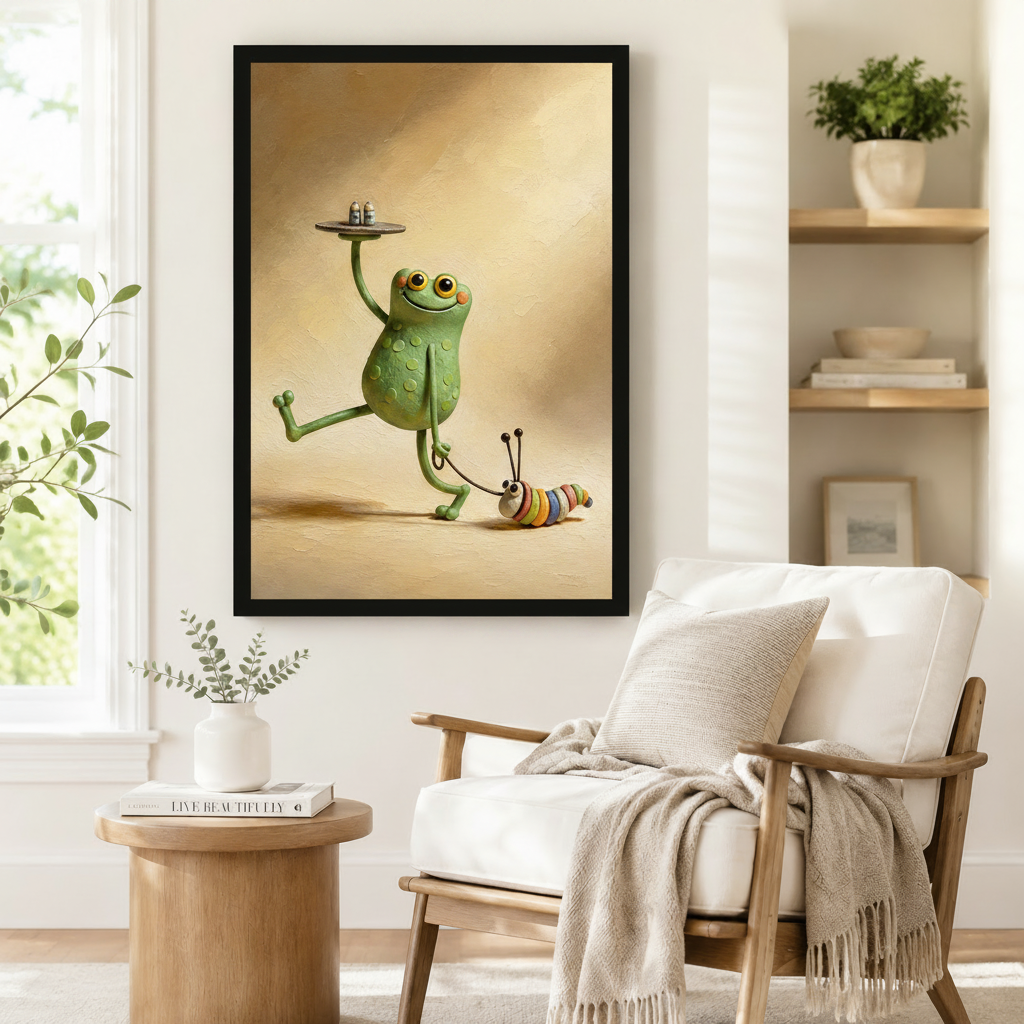 Funny Frog Waiter Whimsical Canvas Wall Art