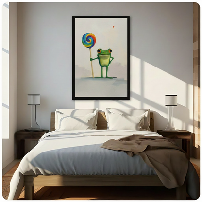 Cute Frog Rainbow Lollipop Oil Painting Canvas Art
