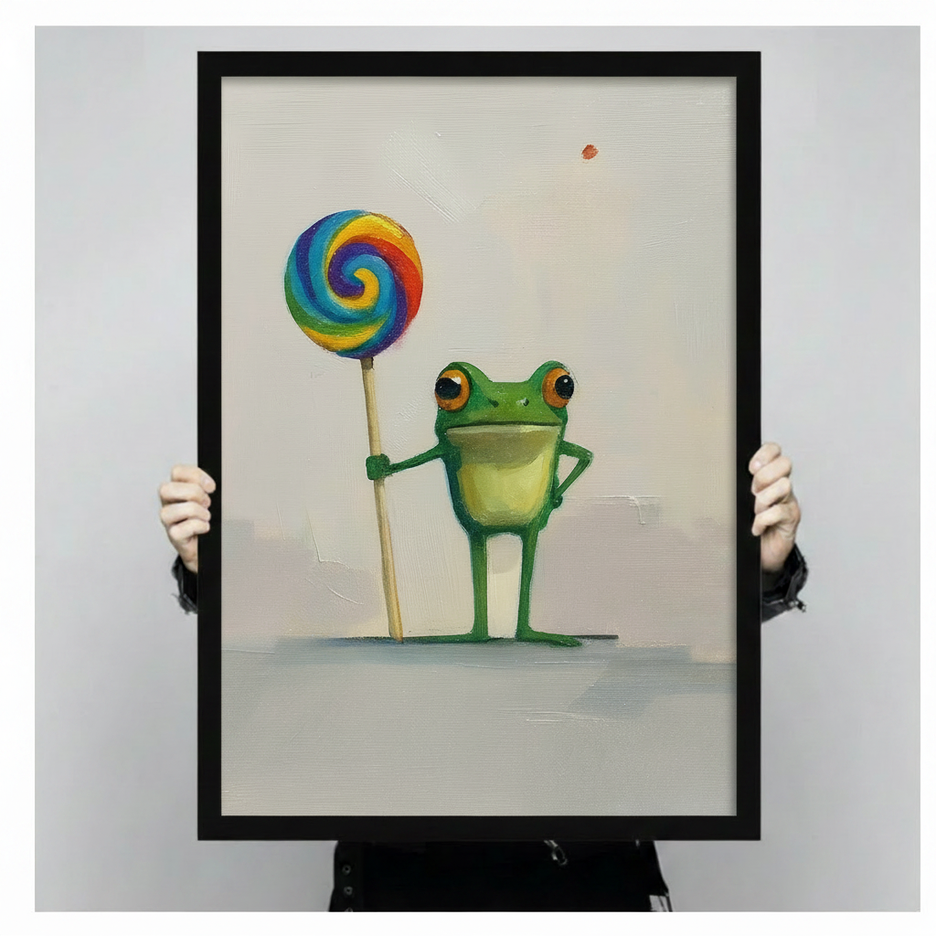 Cute Frog Rainbow Lollipop Oil Painting Canvas Art