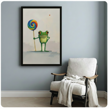 Cute Frog Rainbow Lollipop Oil Painting Canvas Art