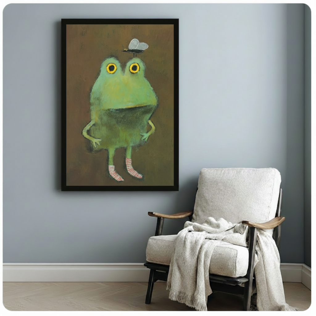 Whimsical Frog & Fly Framed Canvas Wall Art