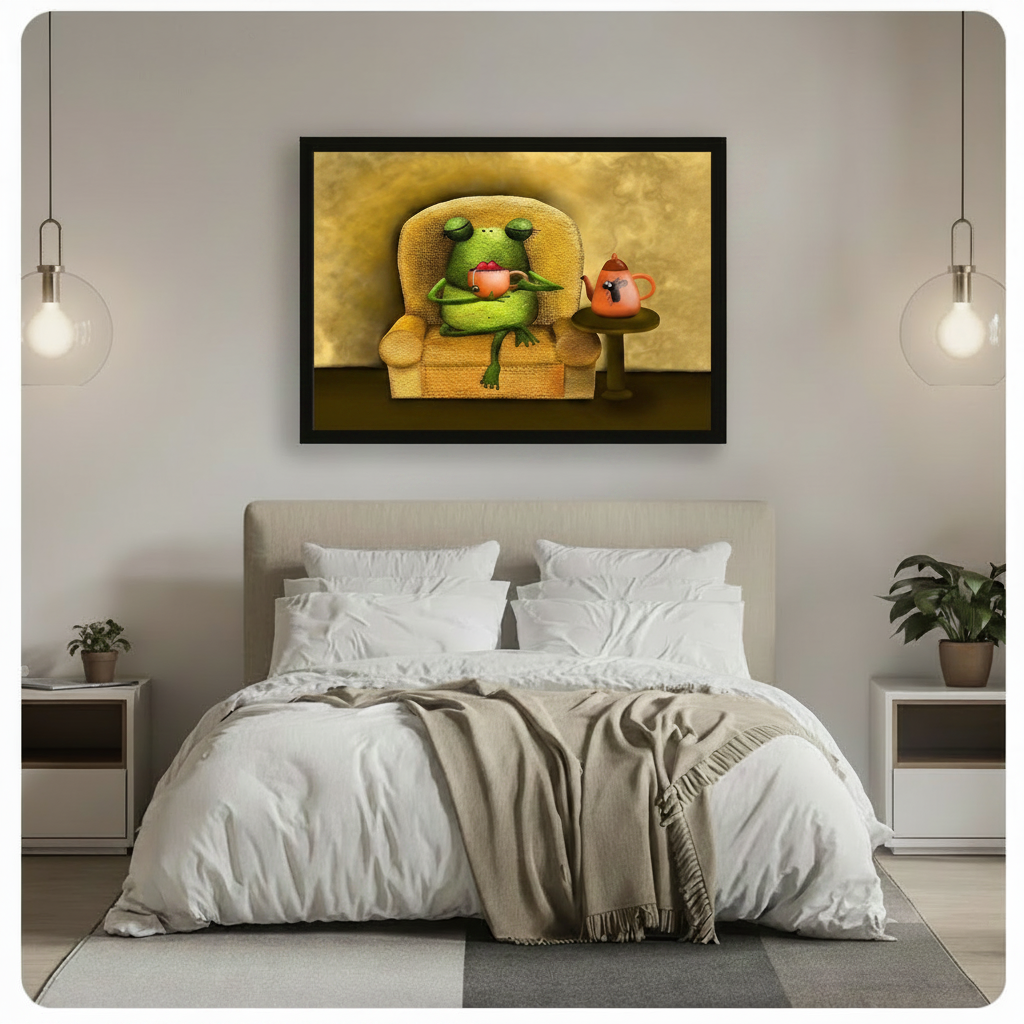 Cozy Frog Tea Time Oil Painting Canvas Art Wall Art