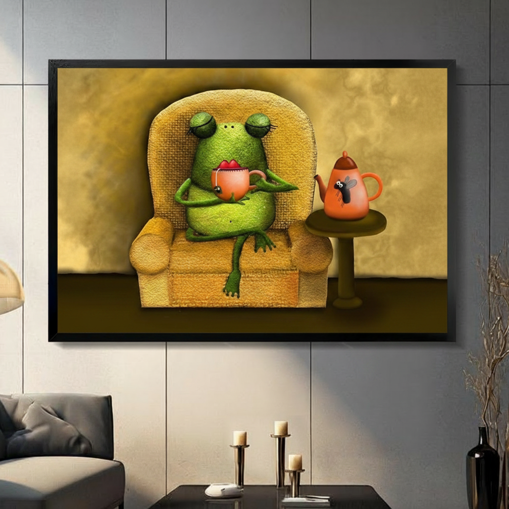 Cozy Frog Tea Time Oil Painting Canvas Art Wall Art