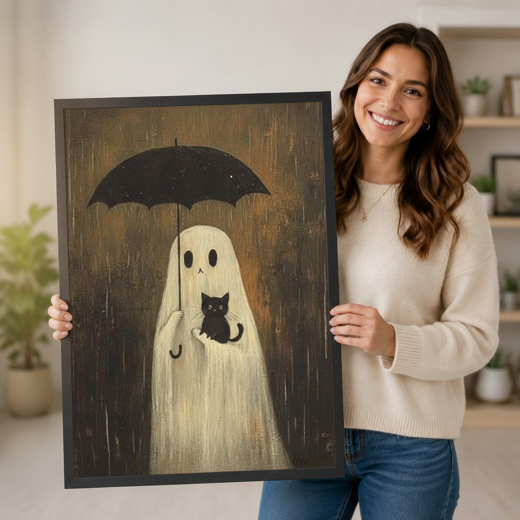 Rainy Ghost Cat Cozy Canvas Wall Art