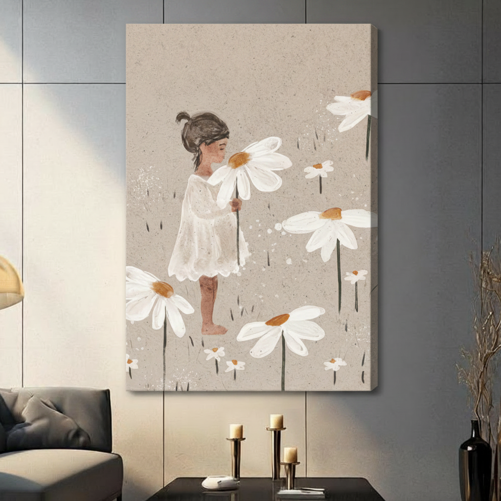 Little Girl Daisy Field Watercolor Canvas Art