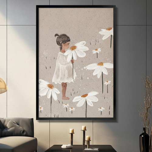 Little Girl Daisy Field Watercolor Canvas Art