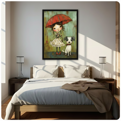 Whimsical Girl Red Umbrella Dog Canvas Art Wall Art