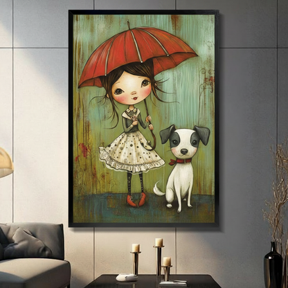 Whimsical Girl Red Umbrella Dog Canvas Art Wall Art
