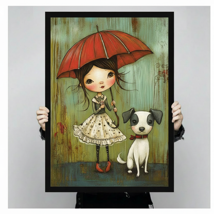 Whimsical Girl Red Umbrella Dog Canvas Art Wall Art