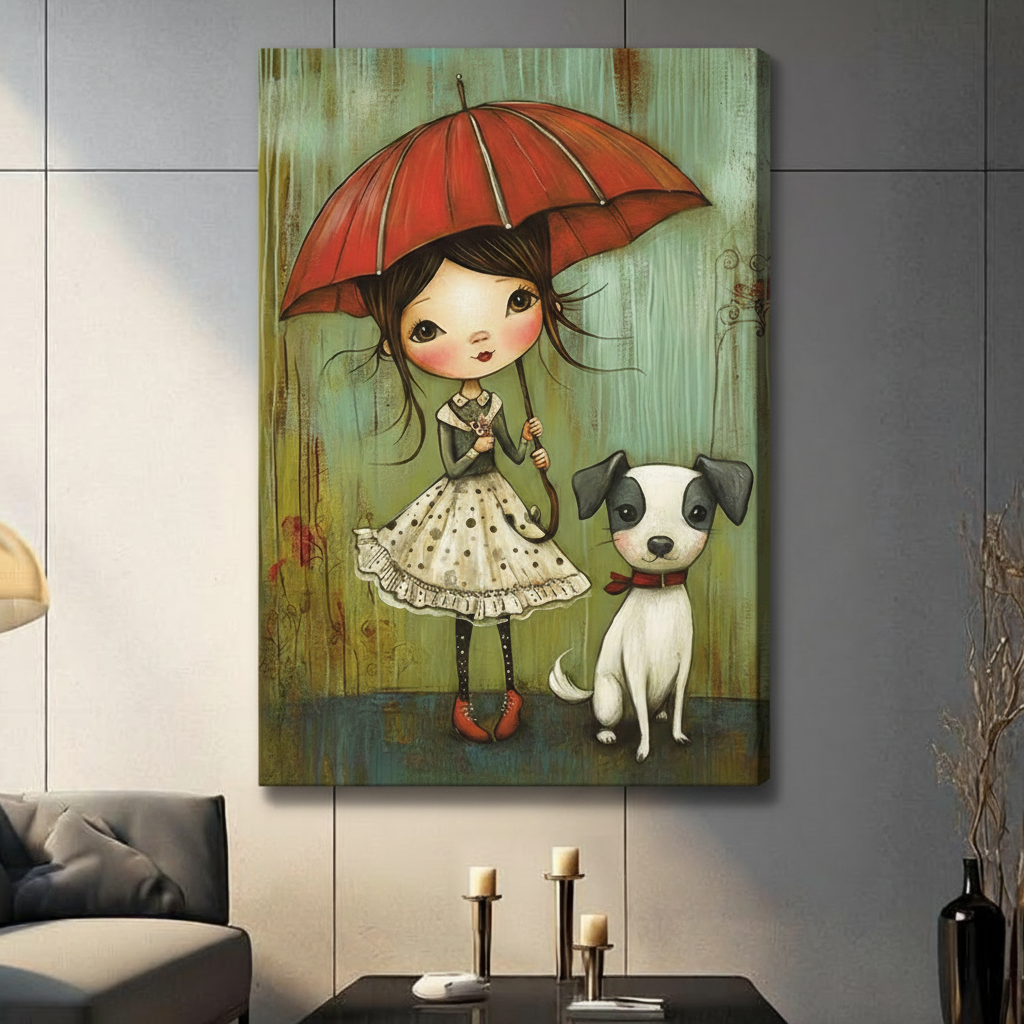 Whimsical Girl Red Umbrella Dog Canvas Art Wall Art