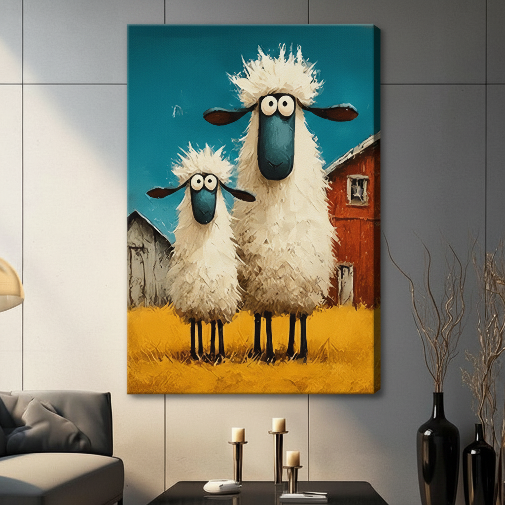 Funny Fluffy Sheep Farm Canvas Wall Art