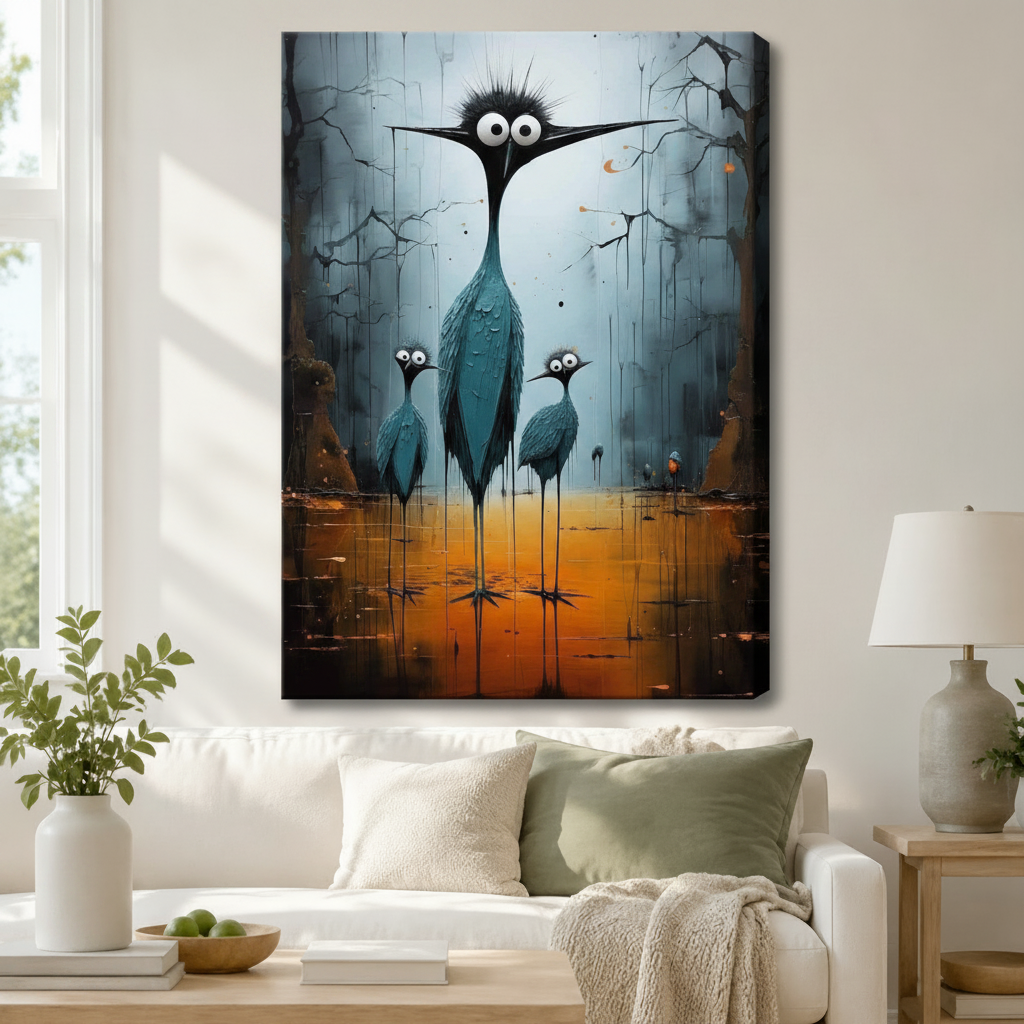 Surreal Dark Heron Family Canvas Wall Art