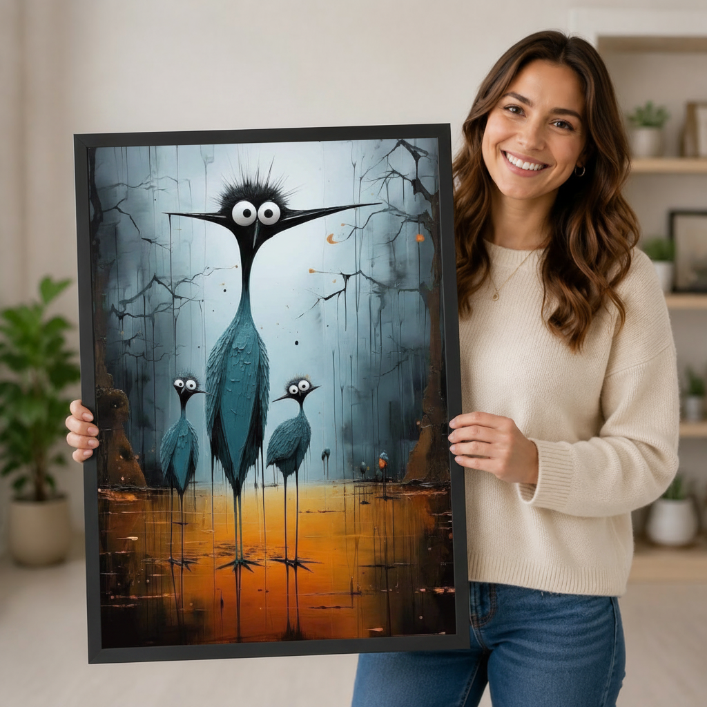 Surreal Dark Heron Family Canvas Wall Art