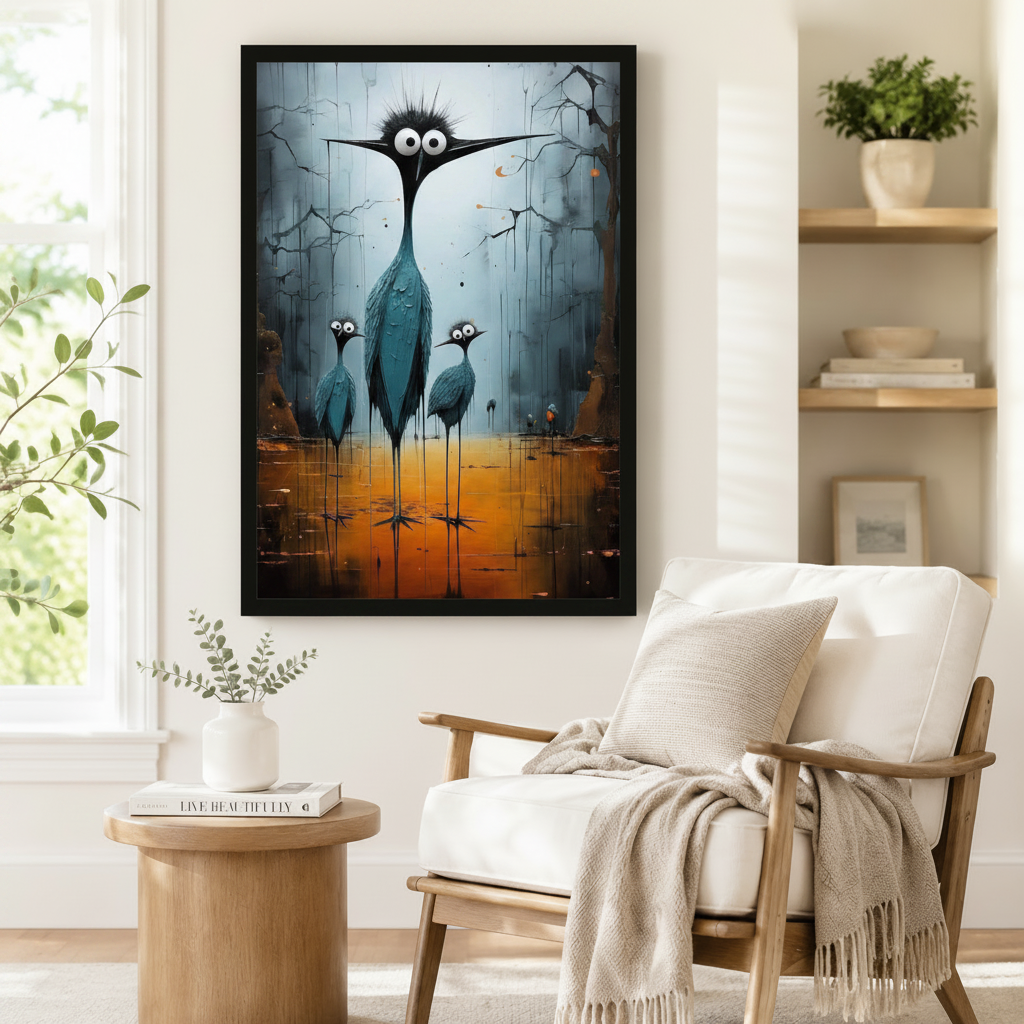 Surreal Dark Heron Family Canvas Wall Art