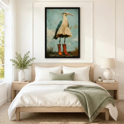 Whimsical Heron Red Boots Vintage Wall Art