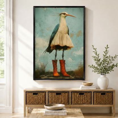 Whimsical Heron Red Boots Vintage Wall Art