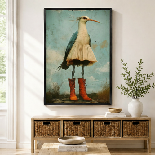 Whimsical Heron Red Boots Vintage Wall Art