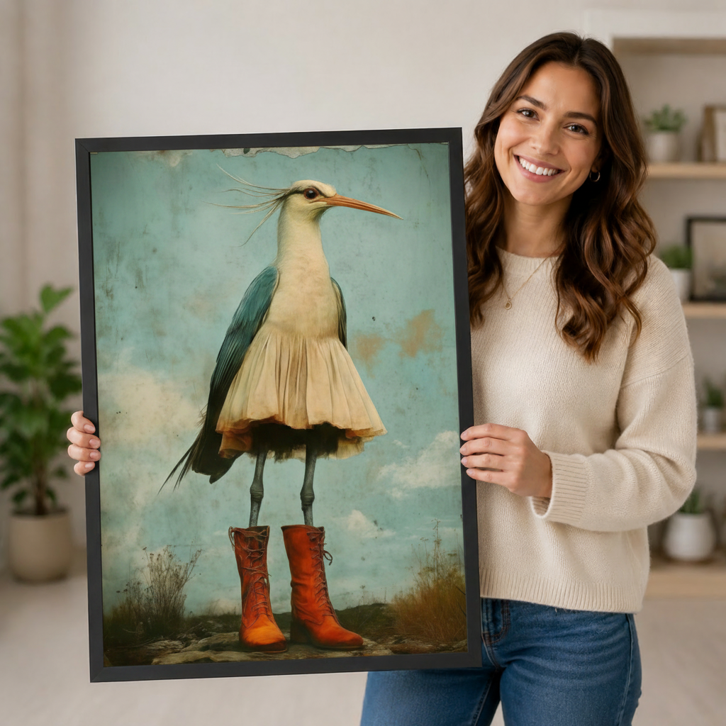 Whimsical Heron Red Boots Vintage Wall Art