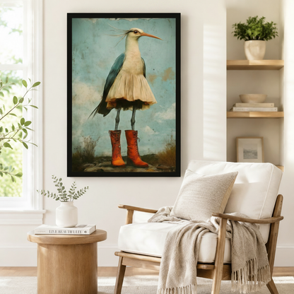 Whimsical Heron Red Boots Vintage Wall Art