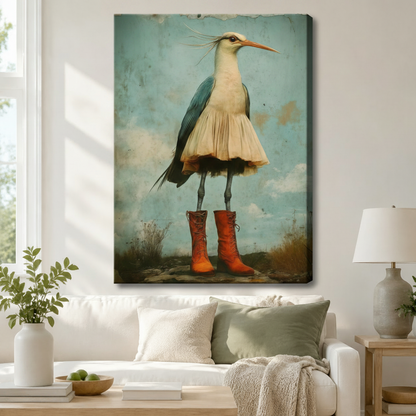 Whimsical Heron Red Boots Vintage Wall Art