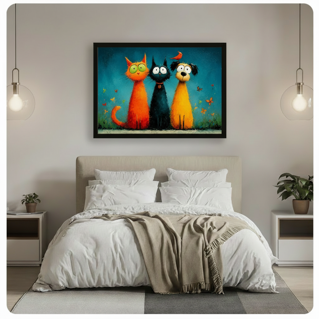 Whimsical Cats and Dog Colorful Canvas Wall Art