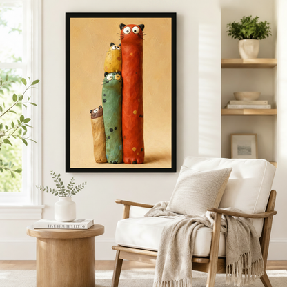 Colorful Stacked Cats Whimsical Canvas Wall Art