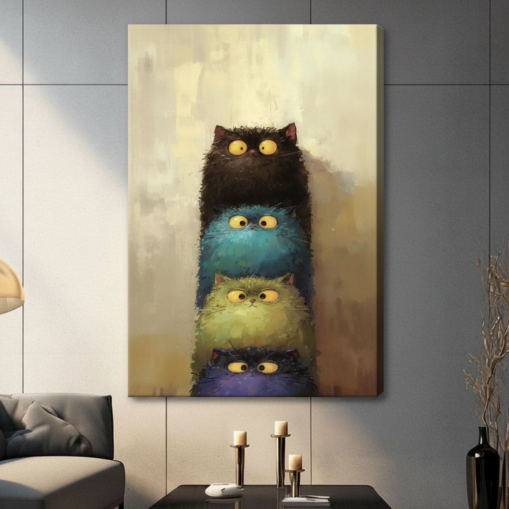 Stacked Cats Whimsical Canvas Wall Art