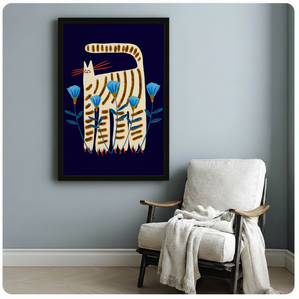 Folk Art Striped Cat Floral Canvas Art Wall Art