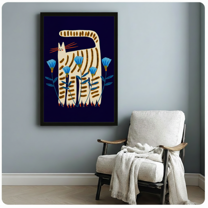 Folk Art Striped Cat Floral Canvas Art Wall Art