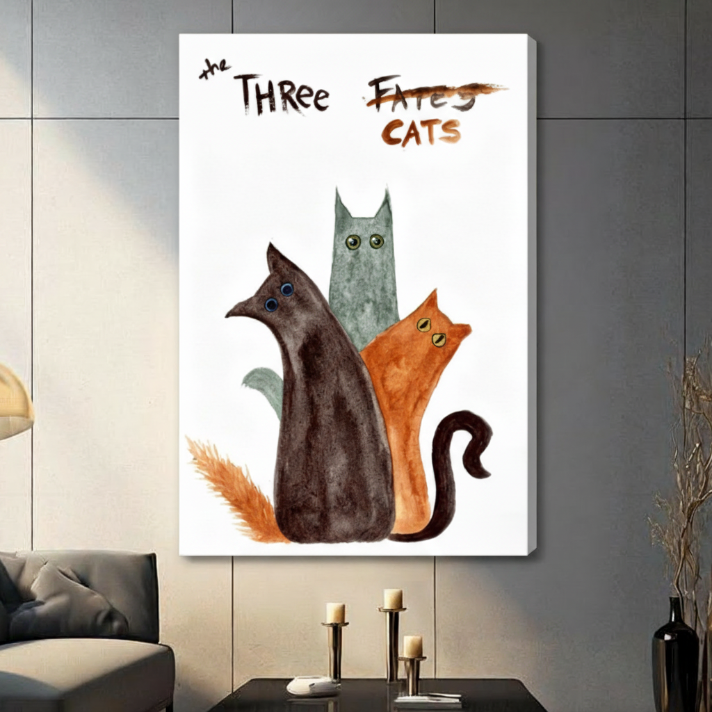 The Three Cats Funny Watercolor Canvas Art Wall Art