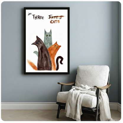 The Three Cats Funny Watercolor Canvas Art Wall Art