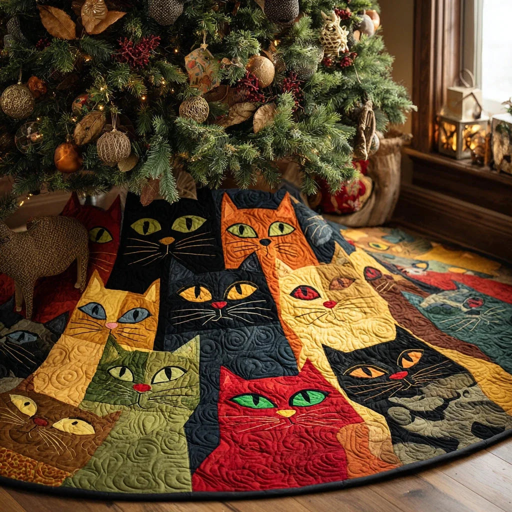 Whimsical Whiskers Christmas Quilted Tree Skirt