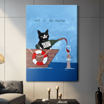 Wine Is The Solution Cat Canvas Wall Art